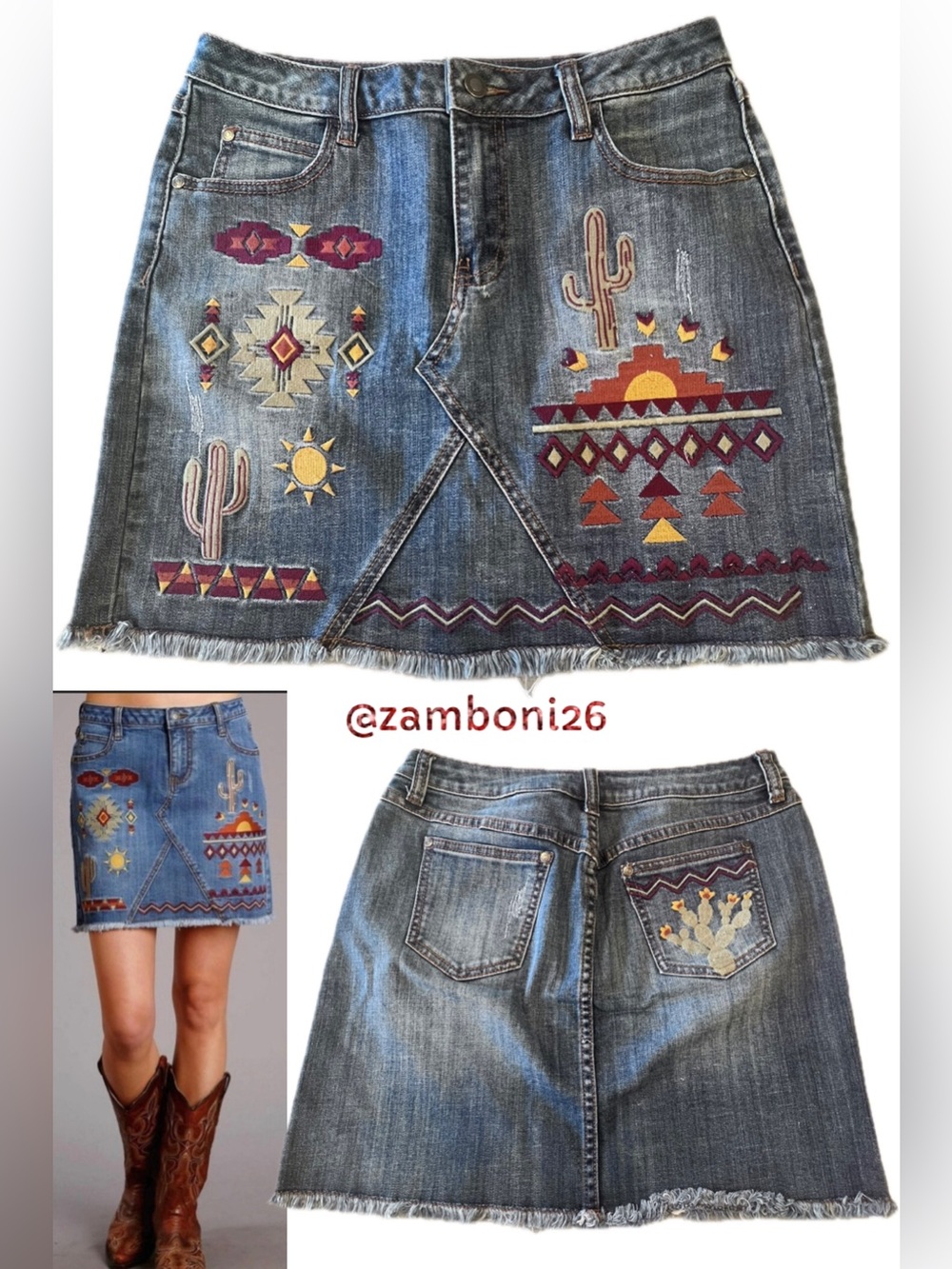 Stetson Embroidered Denim Mini Skirt Southwest Cactus Motif Western Boho Sz 6 - Picture 1 of 12